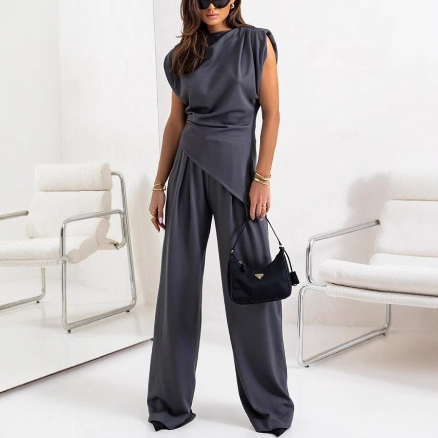 Women's Draped Top Pants Set – High Waist Wide Leg Co-Ord Set