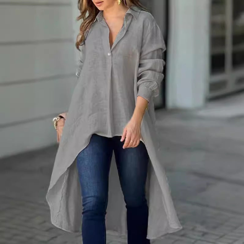 Women's Longline Shirt Blouse – Asymmetrical Button Down Tunic Blouse