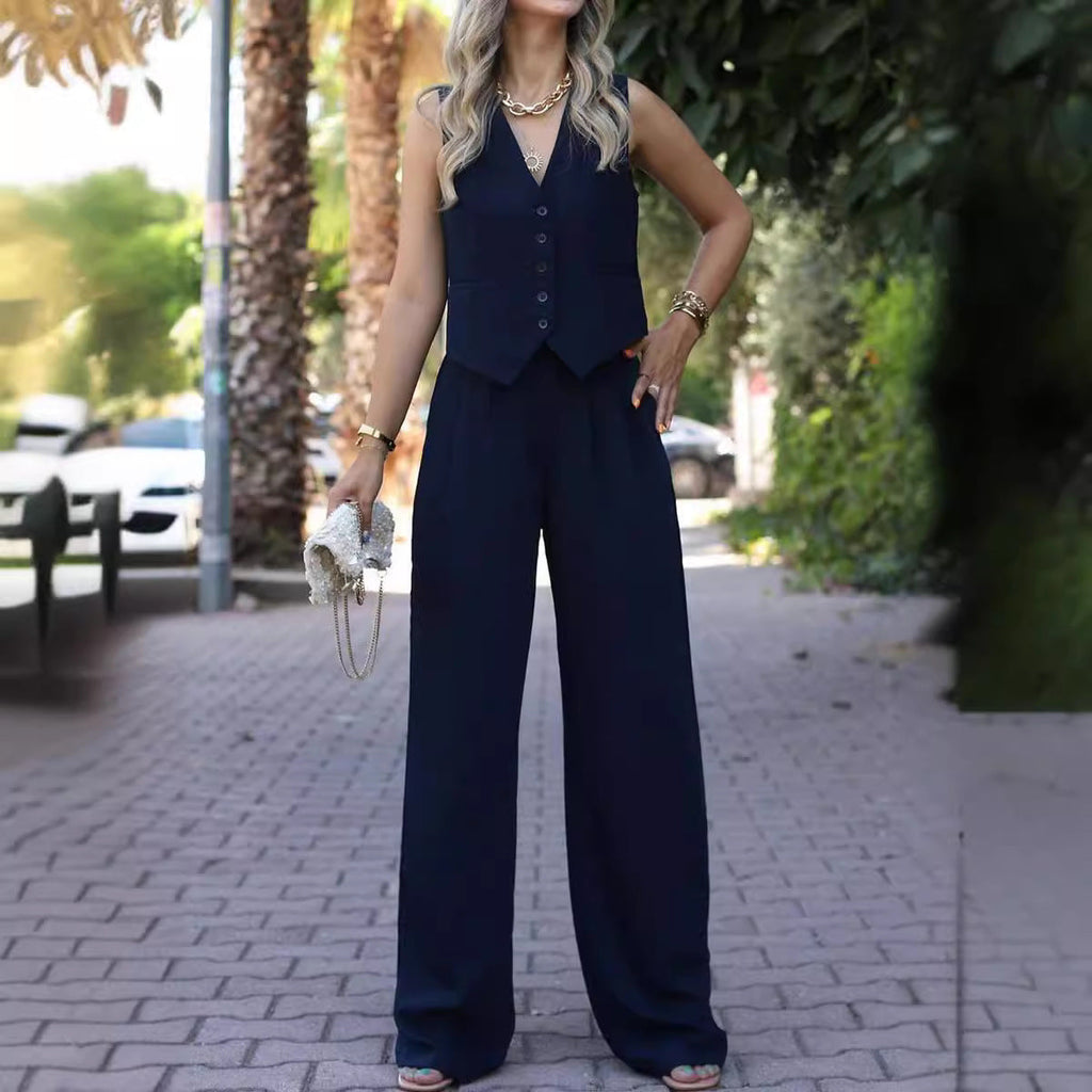 Women's Waistcoat Pants Set – Sleeveless V-Neck Vest & Wide Leg Trousers