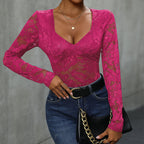 Women's Floral Lace Bodysuit – Deep V-Neck Long Sleeve Sheer Bodysuit