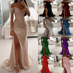 Women's Off-Shoulder Sequin Evening Dress – Side Slit Sparkle Gown