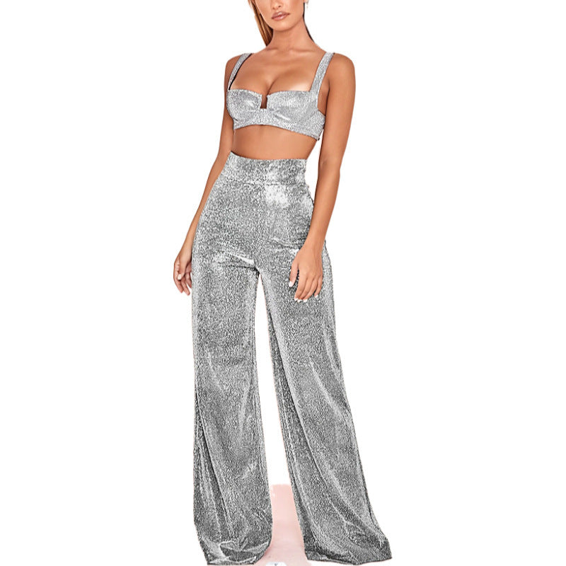 Women's Glitter Side Slit Trousers – High Waist Straight Leg Party Pants