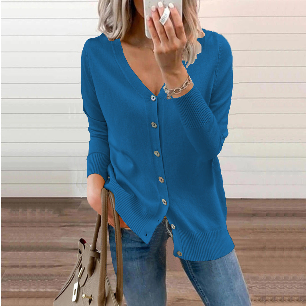 Women's V-Neck Button Cardigan – Ribbed Long Sleeve Knit Cardigan