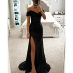 Women's Off-Shoulder Sequin Evening Dress – Side Slit Sparkle Gown