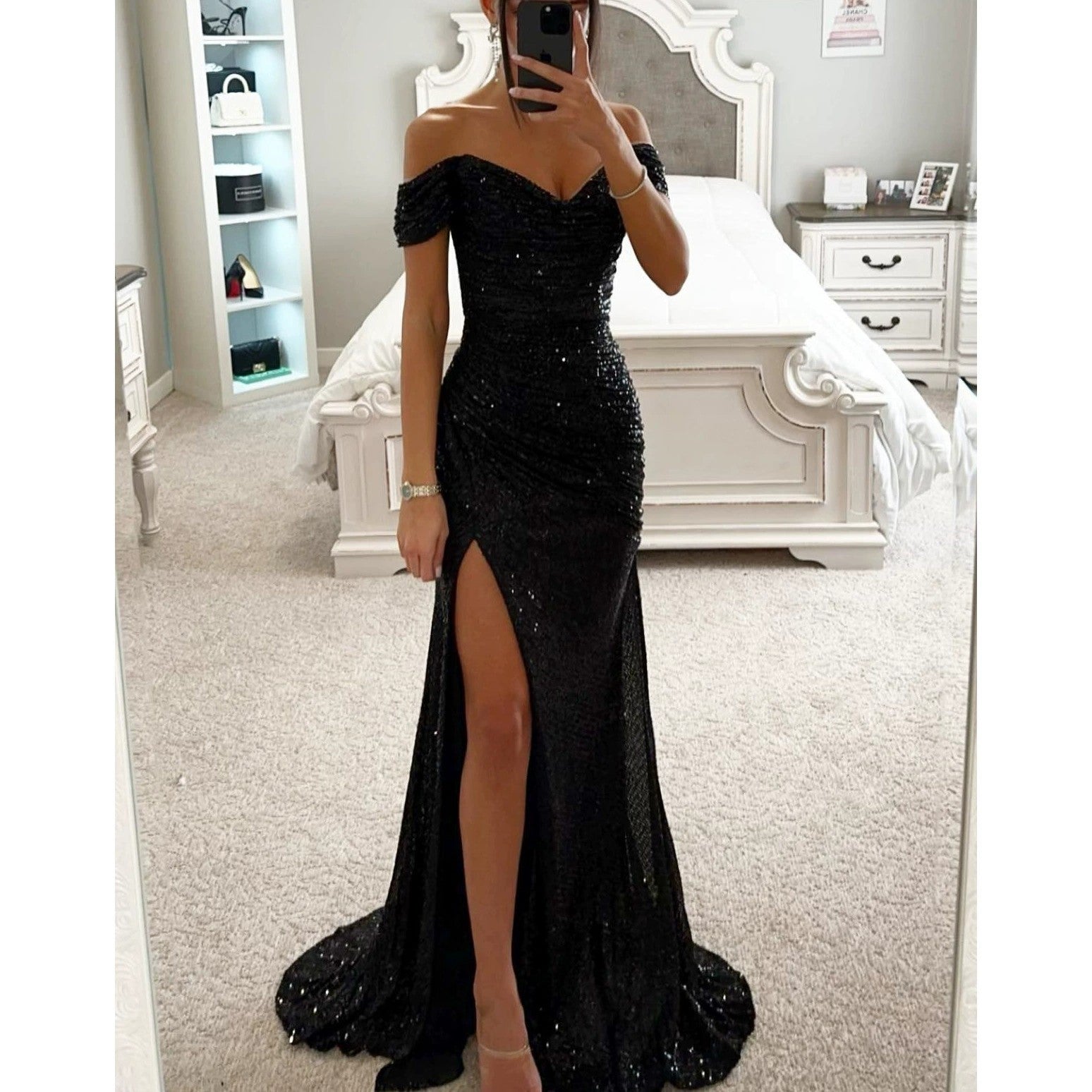 Women's Off-Shoulder Sequin Evening Dress – Side Slit Sparkle Gown