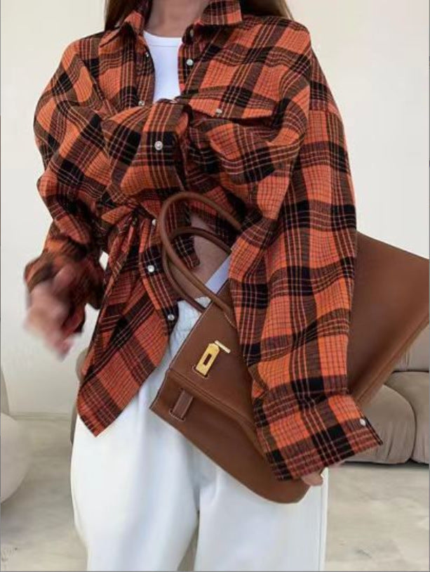 Women's Oversized Check Blouse – Relaxed Button Front Shirt Blouse