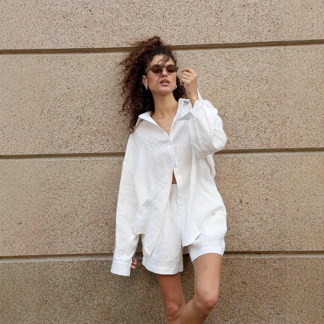 Women's Two Piece Set with Button Blouse and Matching Shorts