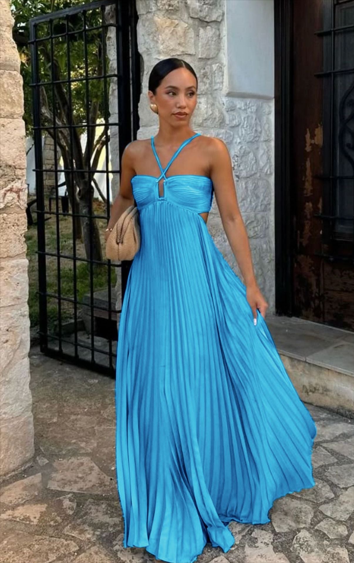 Women's Pleated Off-Shoulder Dress – Adjustable Strap Formal Dress