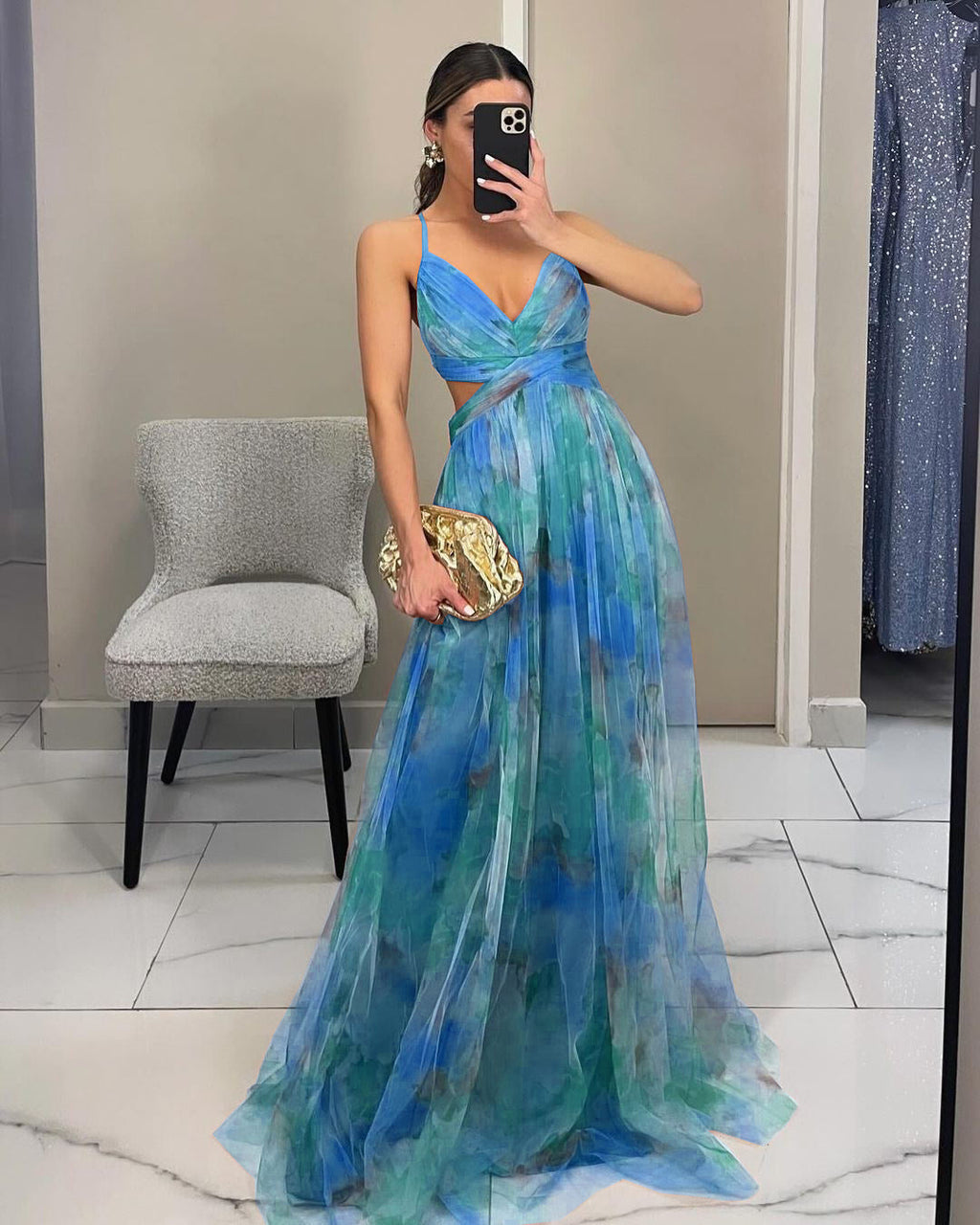 Women's Floral Maxi Dress – V-Neck Spaghetti Strap Evening Gown