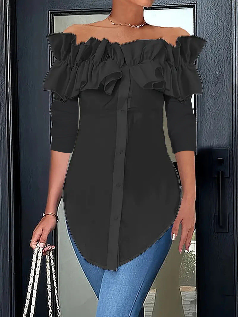 Women's Off-Shoulder Ruffle Blouse – Button Front Three-Quarter Sleeve Blouse