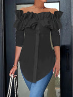 Women's Off-Shoulder Ruffle Blouse – Button Front Three-Quarter Sleeve Blouse
