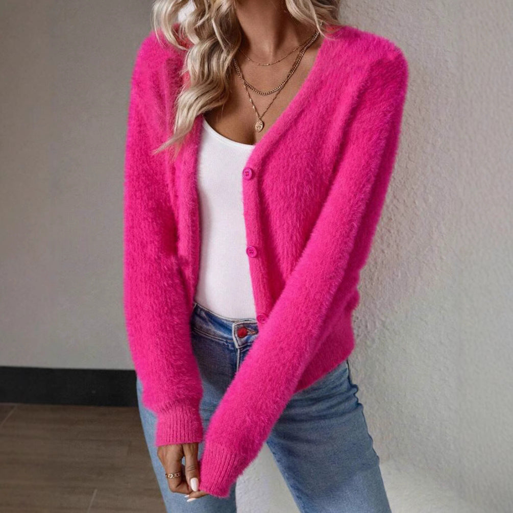 Women's Fluffy V-Neck Cardigan – Button Front Long Sleeve Knit Cardigan