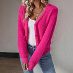 Women's Fluffy V-Neck Cardigan – Button Front Long Sleeve Knit Cardigan