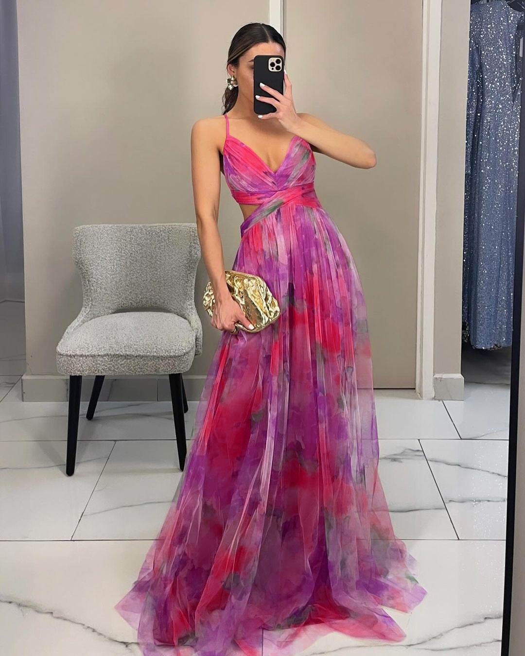 Women's Floral Maxi Dress – V-Neck Spaghetti Strap Evening Gown