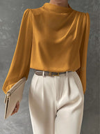 Women's Long Sleeve Blouse with Pleated Front and Relaxed Silhouette