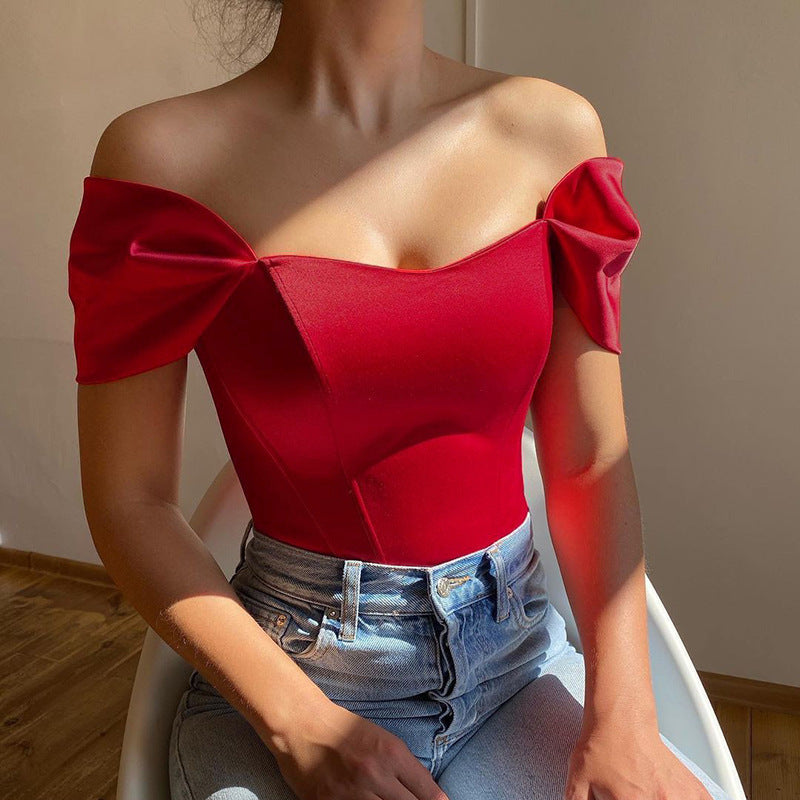 Women's Off-Shoulder Corset Bodysuit – Bow Sleeve Fitted Evening Bodysuit