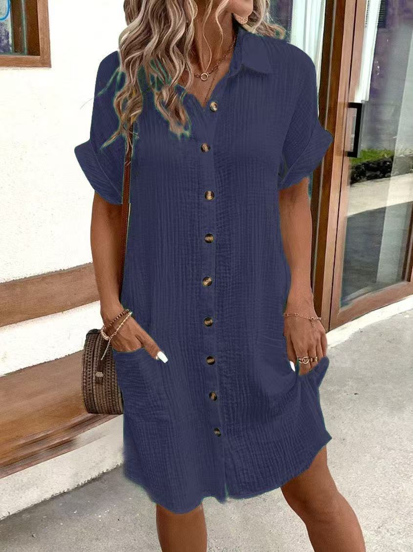 Women's Vintage V-Neck Dress – Three-Quarter Sleeve Flowy Dress