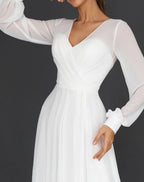 Women's Pleated V-Neck Dress – Long Sleeve Fit & Flare Occasion Dress
