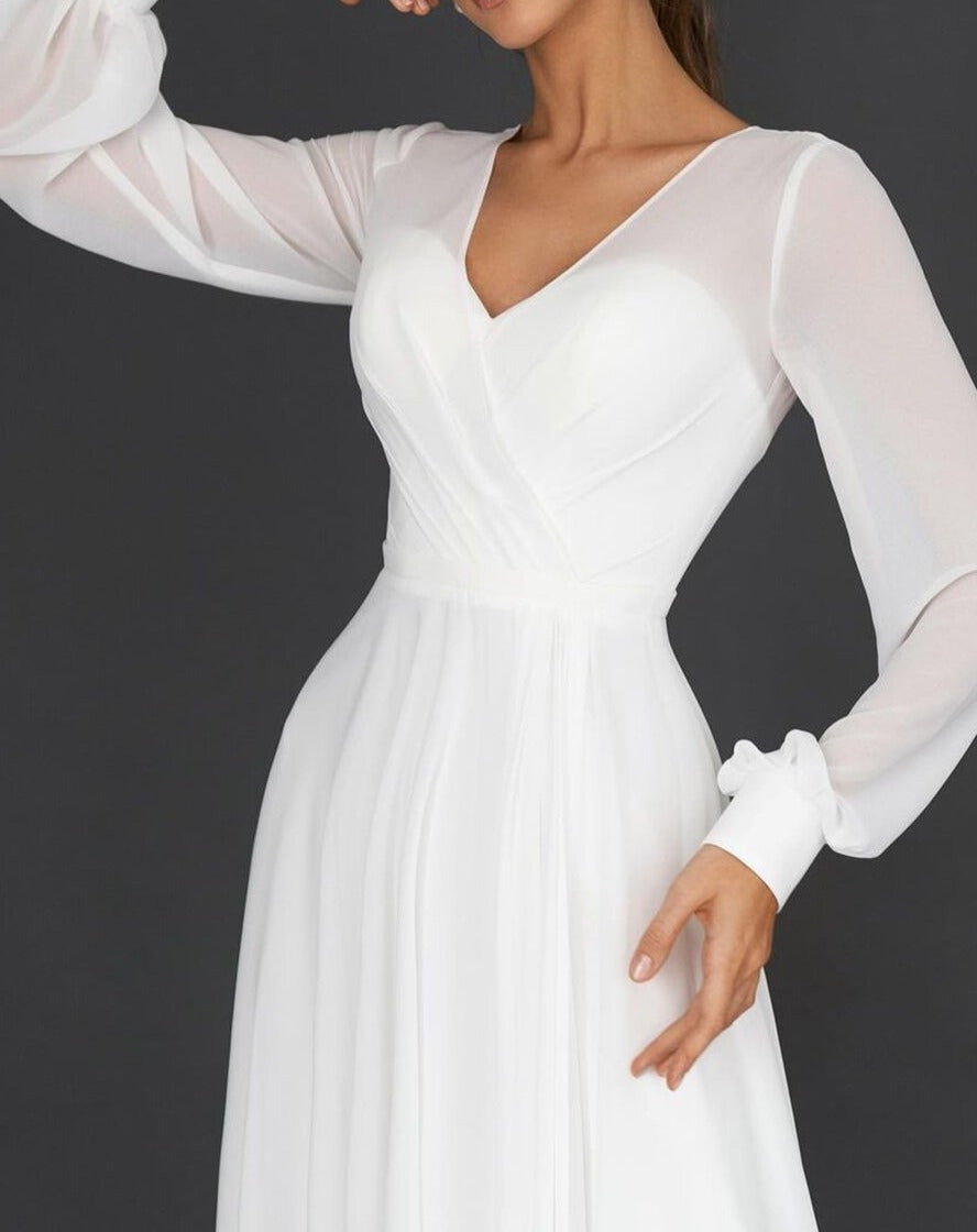 Women's Pleated V-Neck Dress – Long Sleeve Fit & Flare Occasion Dress
