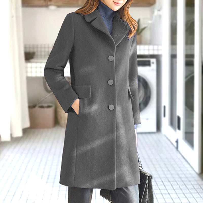 Women's Classic Long Coat – Lapel Collar Button Front Overcoat