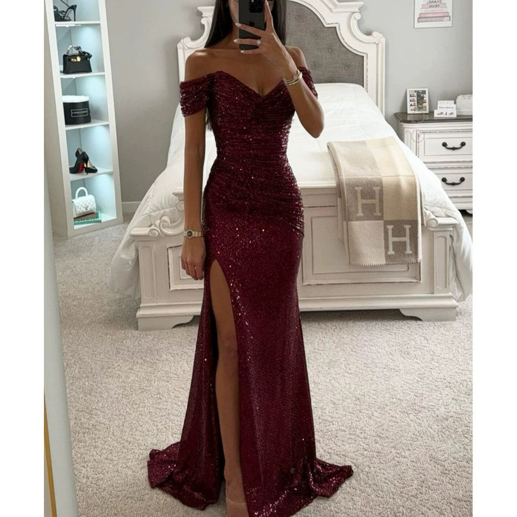 Women's Off-Shoulder Sequin Evening Dress – Side Slit Sparkle Gown