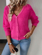 Women's Fluffy V-Neck Cardigan – Button Front Long Sleeve Knit Cardigan