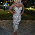 Women's Sequin V-Neck Midi Dress – Sleeveless Sparkle Cocktail Dress