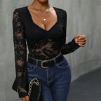 Women's Floral Lace Bodysuit – Deep V-Neck Long Sleeve Sheer Bodysuit