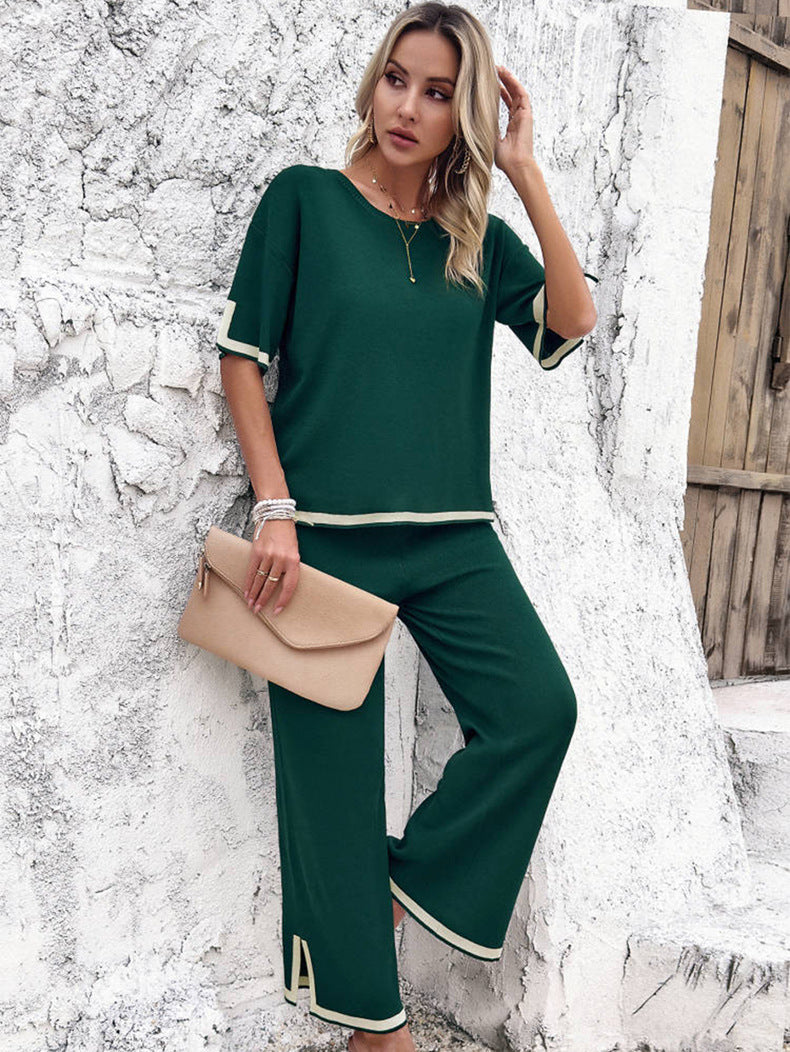 Women's Split Hem Wide Leg Lounge Set – Relaxed Top and Trousers Set