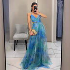 Women's Floral Maxi Dress – V-Neck Spaghetti Strap Evening Gown