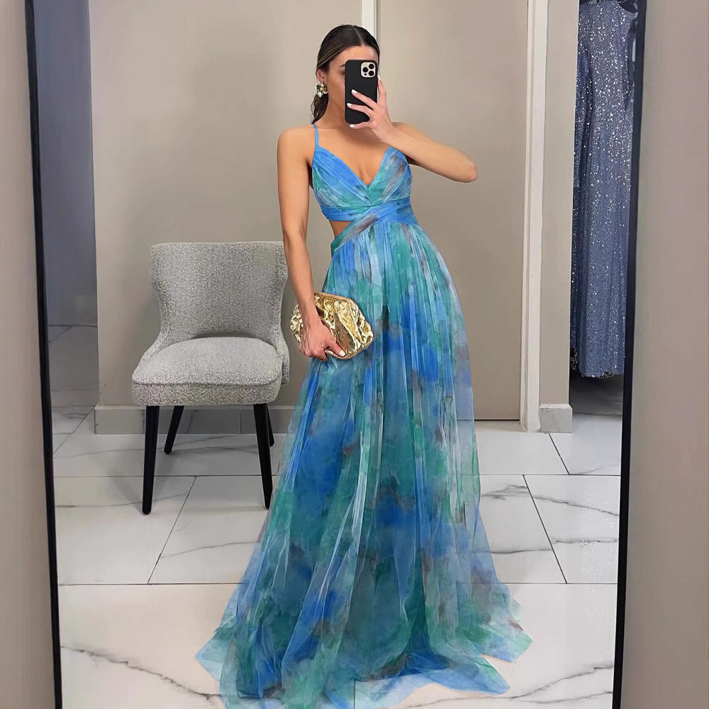 Women's Floral Maxi Dress – V-Neck Spaghetti Strap Evening Gown