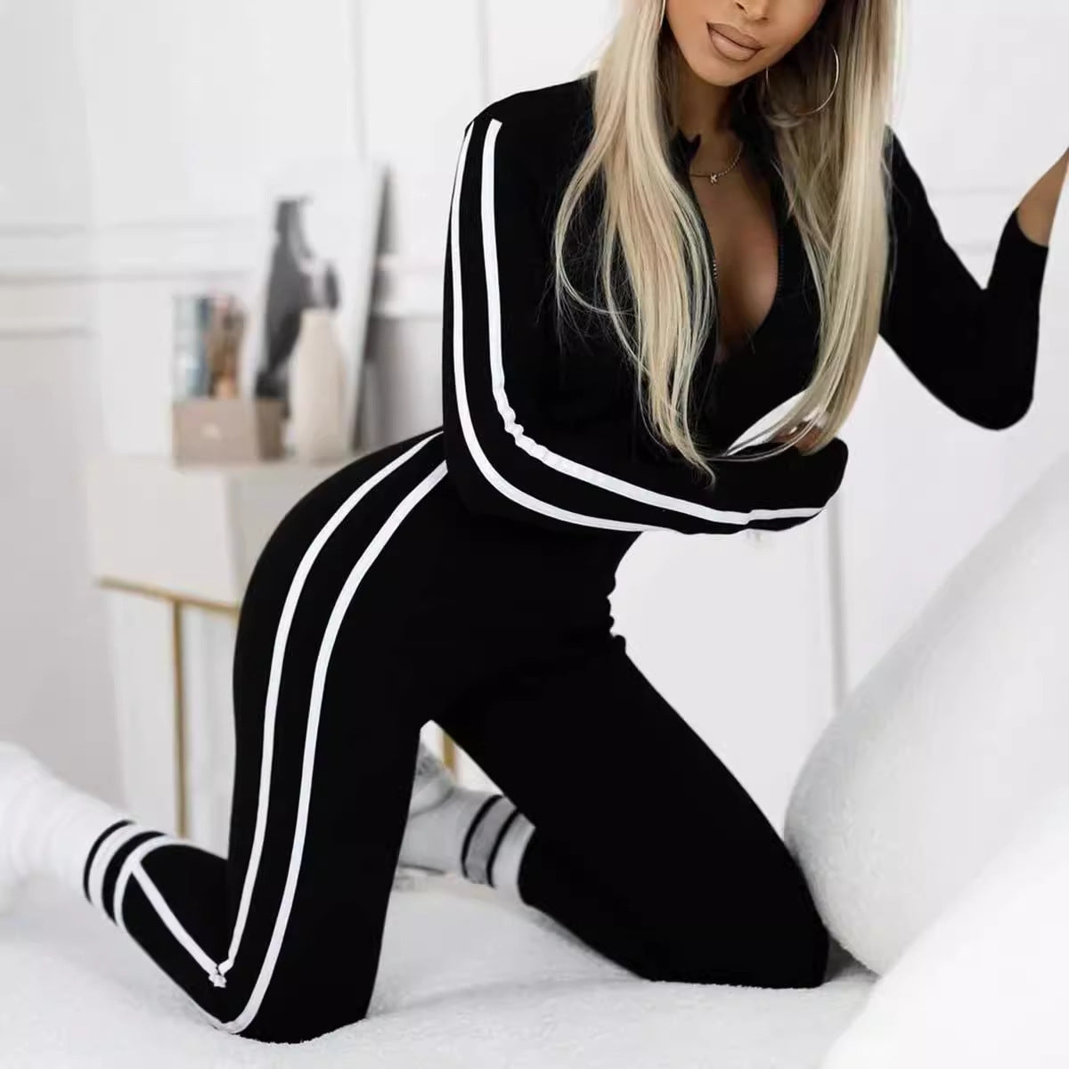 Women's Sporty Stripe Bodysuit – Long Sleeve Fitted Active Bodysuit