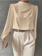 Women's Long Sleeve Blouse with Pleated Front and Relaxed Silhouette