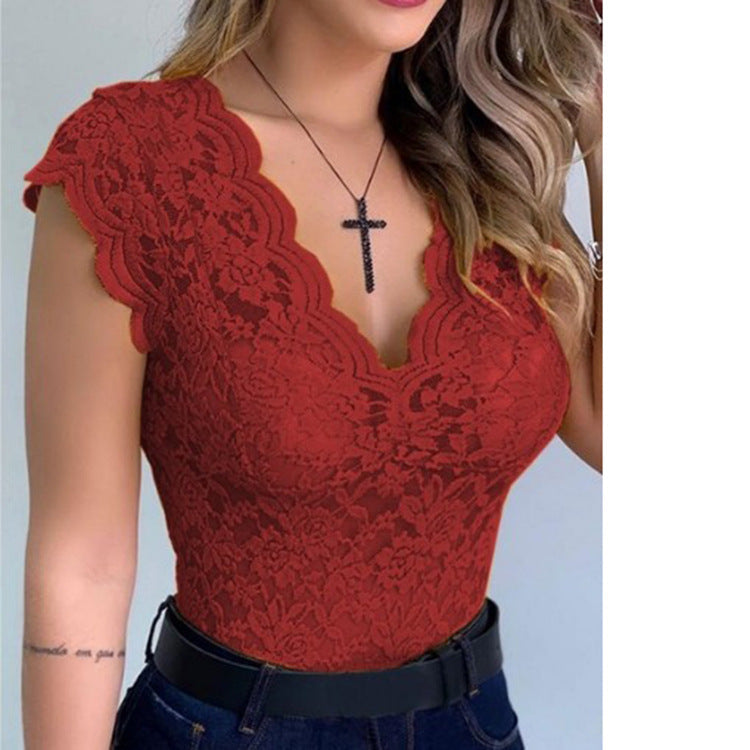 Women's Ruffle Sleeve Lace Bodysuit – Deep V-Neck Fitted Bodysuit