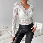 Women's Romantic Lace Bodysuit – V-Neck Long Sleeve Floral Bodysuit