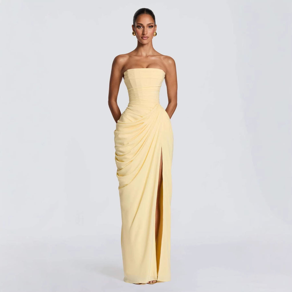 Women's Draped Evening Gown – Asymmetrical Long Sleeve Side Slit Dress