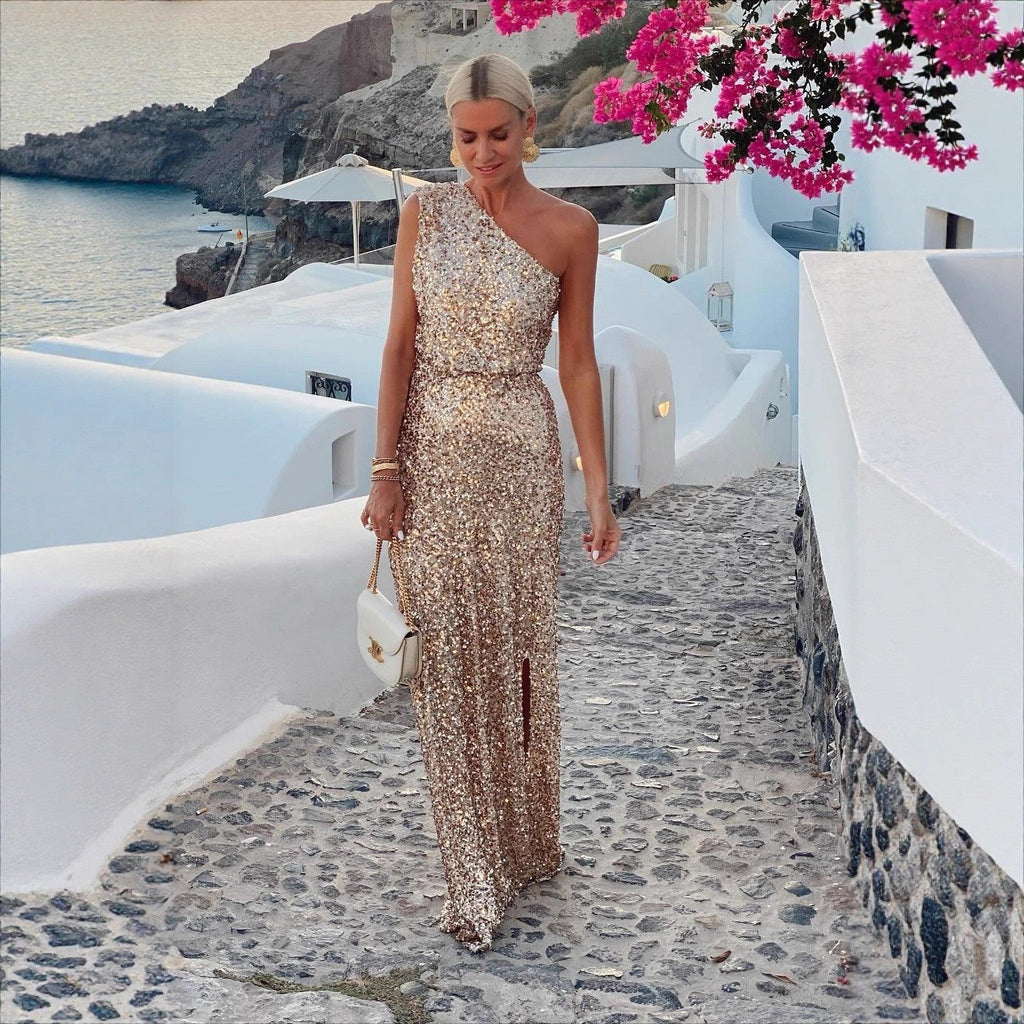 Women's Sparkly Evening Dress – Side Slit Dress