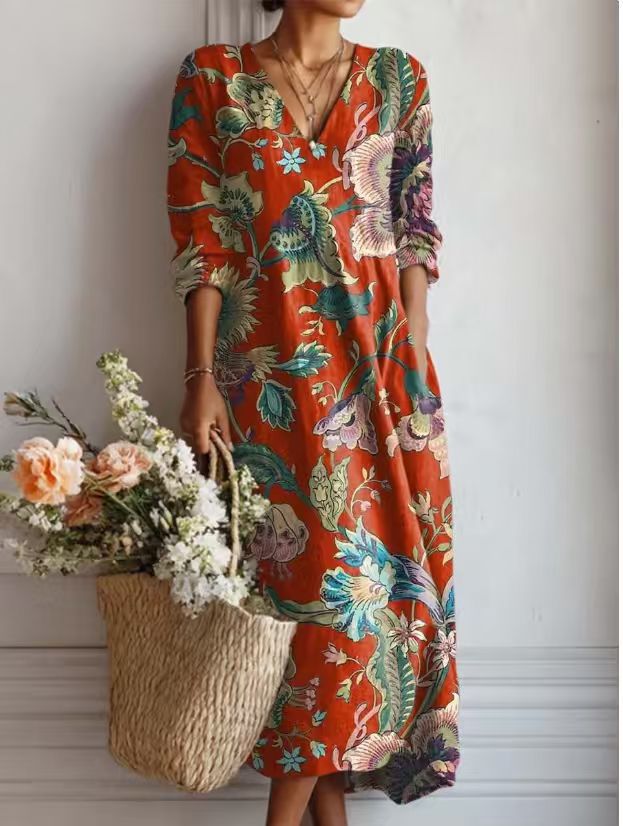 Women's Vintage Floral Midi Dress – Relaxed A-Line Summer Dress