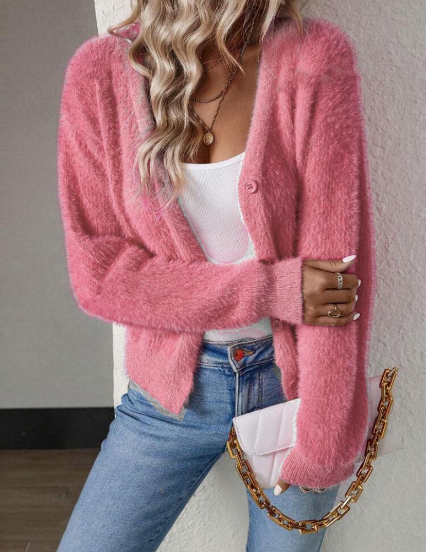 Women's Fluffy V-Neck Cardigan – Button Front Long Sleeve Knit Cardigan