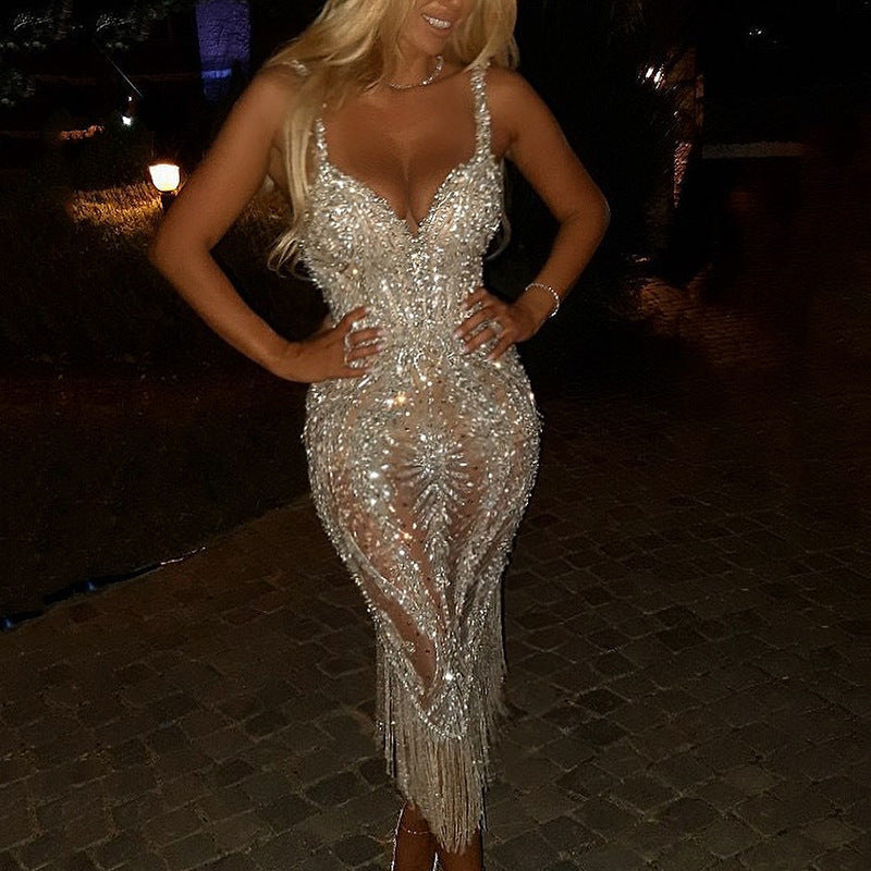 Women's Sequin V-Neck Midi Dress – Sleeveless Sparkle Cocktail Dress