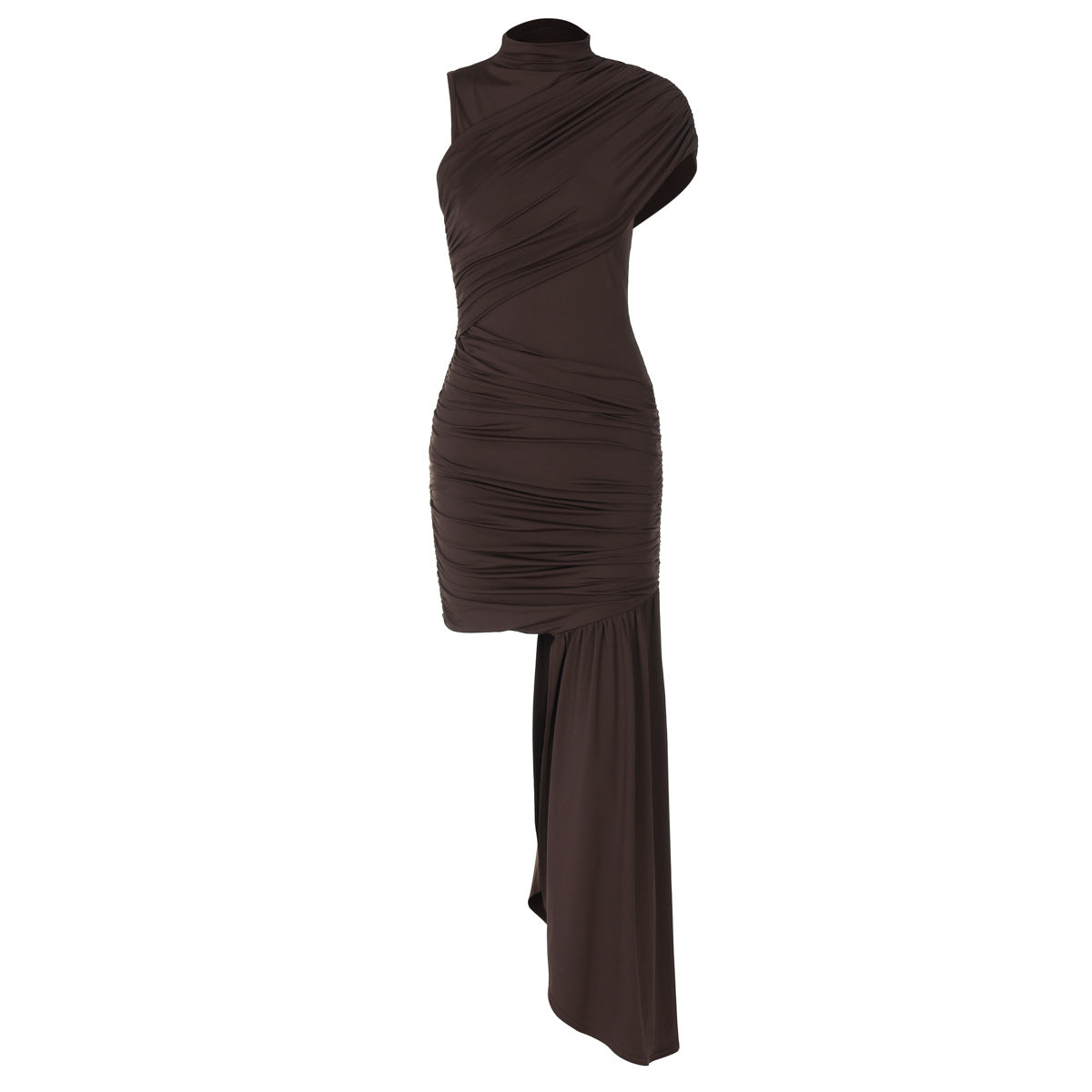 Women's Draped Dress – Asymmetrical Sash High Neck Dress