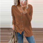 Women's V-Neck Button Cardigan – Ribbed Long Sleeve Knit Cardigan