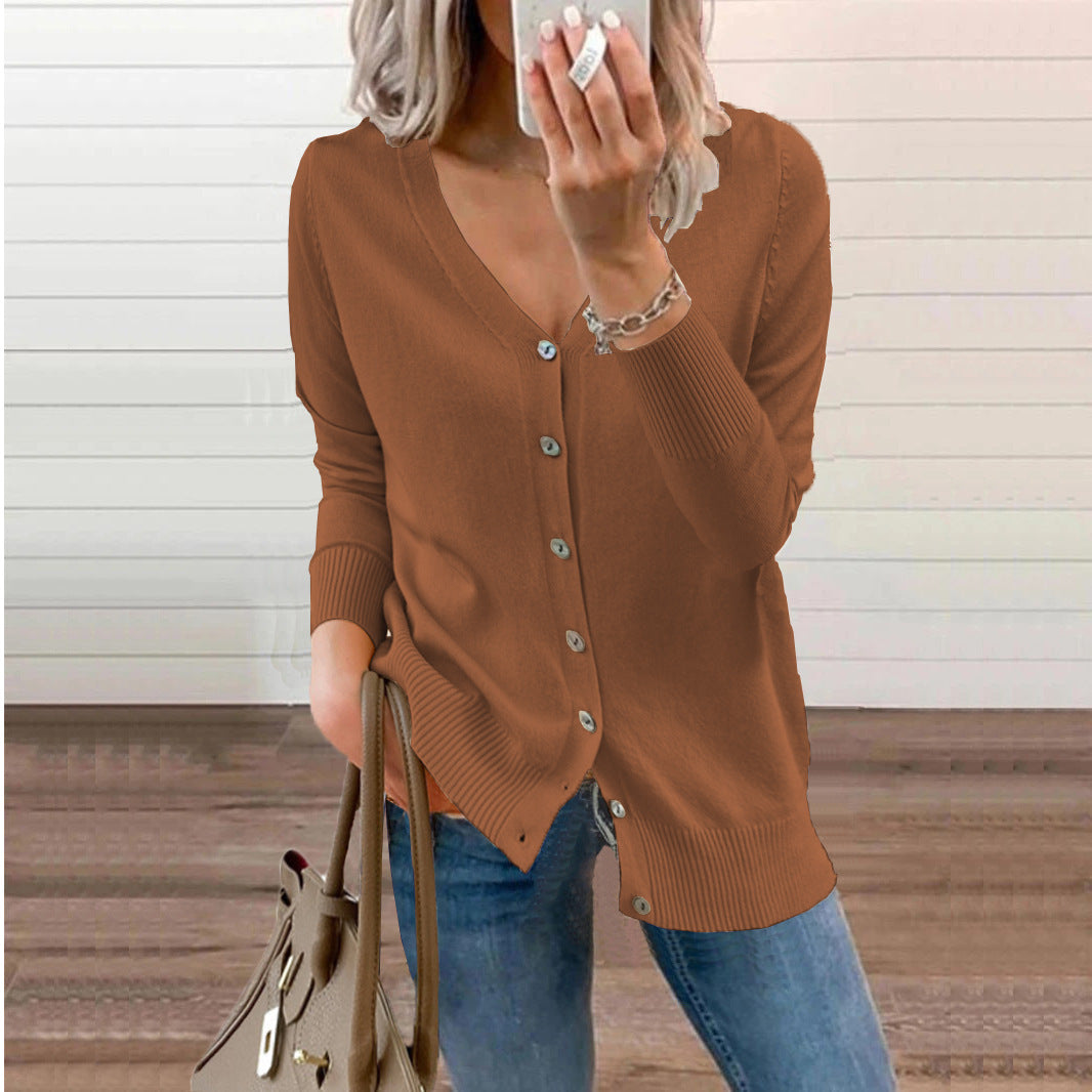 Women's V-Neck Button Cardigan – Ribbed Long Sleeve Knit Cardigan