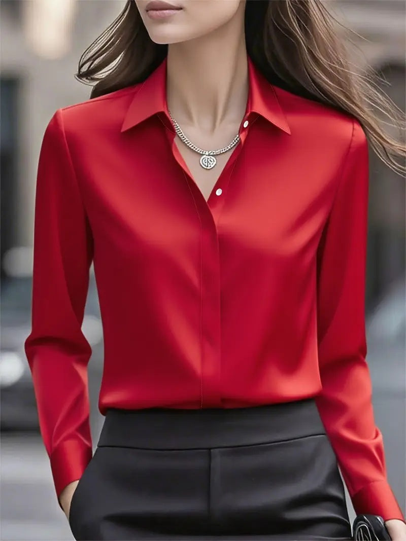 Women's Collared Blouse with Button Closure and Curved Hem