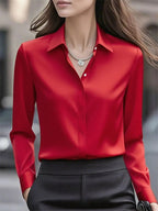 Women's Collared Blouse with Button Closure and Curved Hem