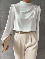 Women's Long Sleeve Blouse with Pleated Front and Relaxed Silhouette