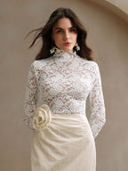 Women's High Neck Lace Bodysuit – Sheer Floral Long Sleeve Bodysuit