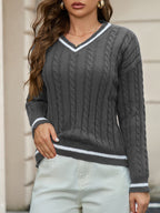 Women's Varsity Cable Sweater – Striped V-Neck Knit Pullover