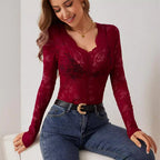 Women's Deep V-Neck Lace Bodysuit – Long Sleeve Sheer Floral Bodysuit