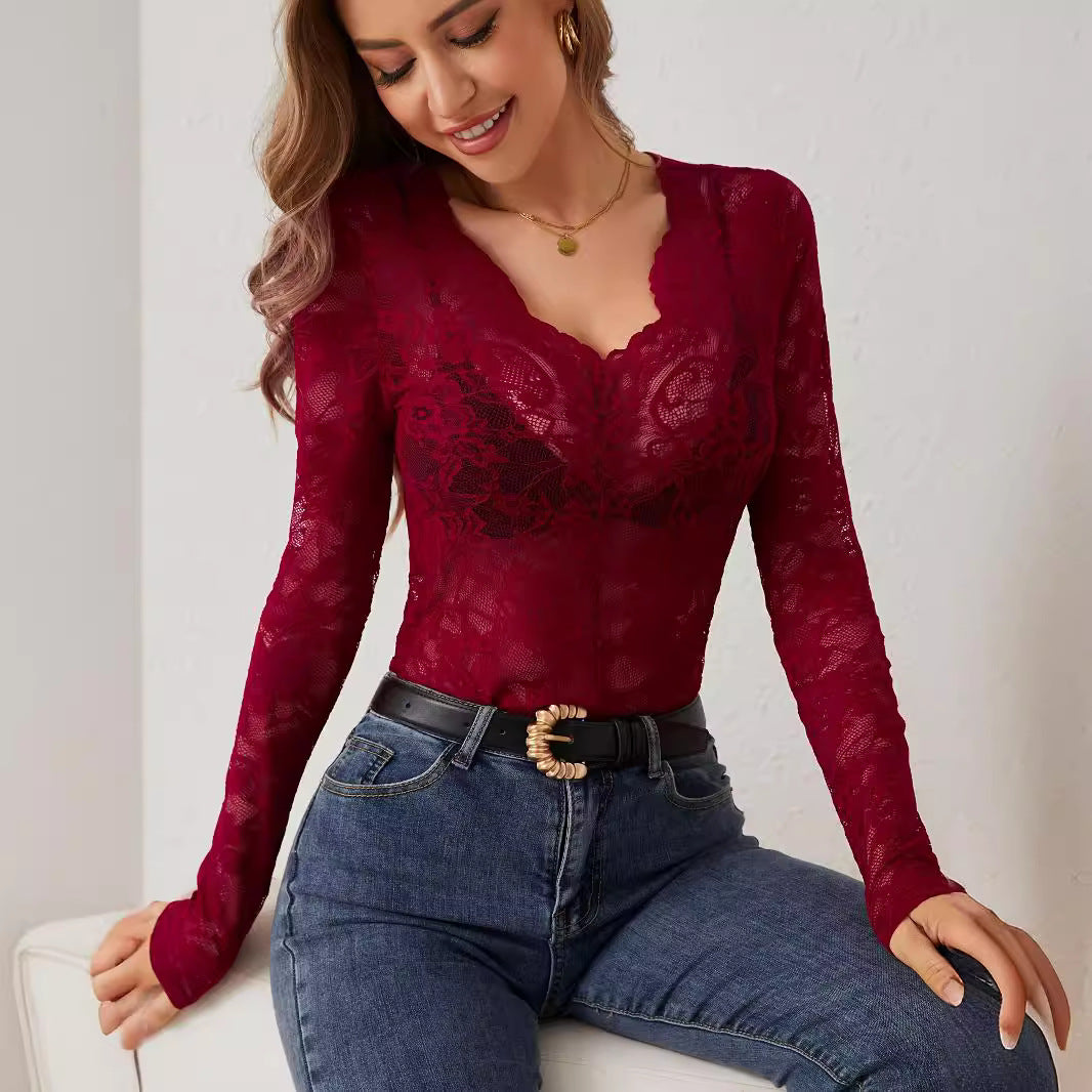 Women's Deep V-Neck Lace Bodysuit – Long Sleeve Sheer Floral Bodysuit